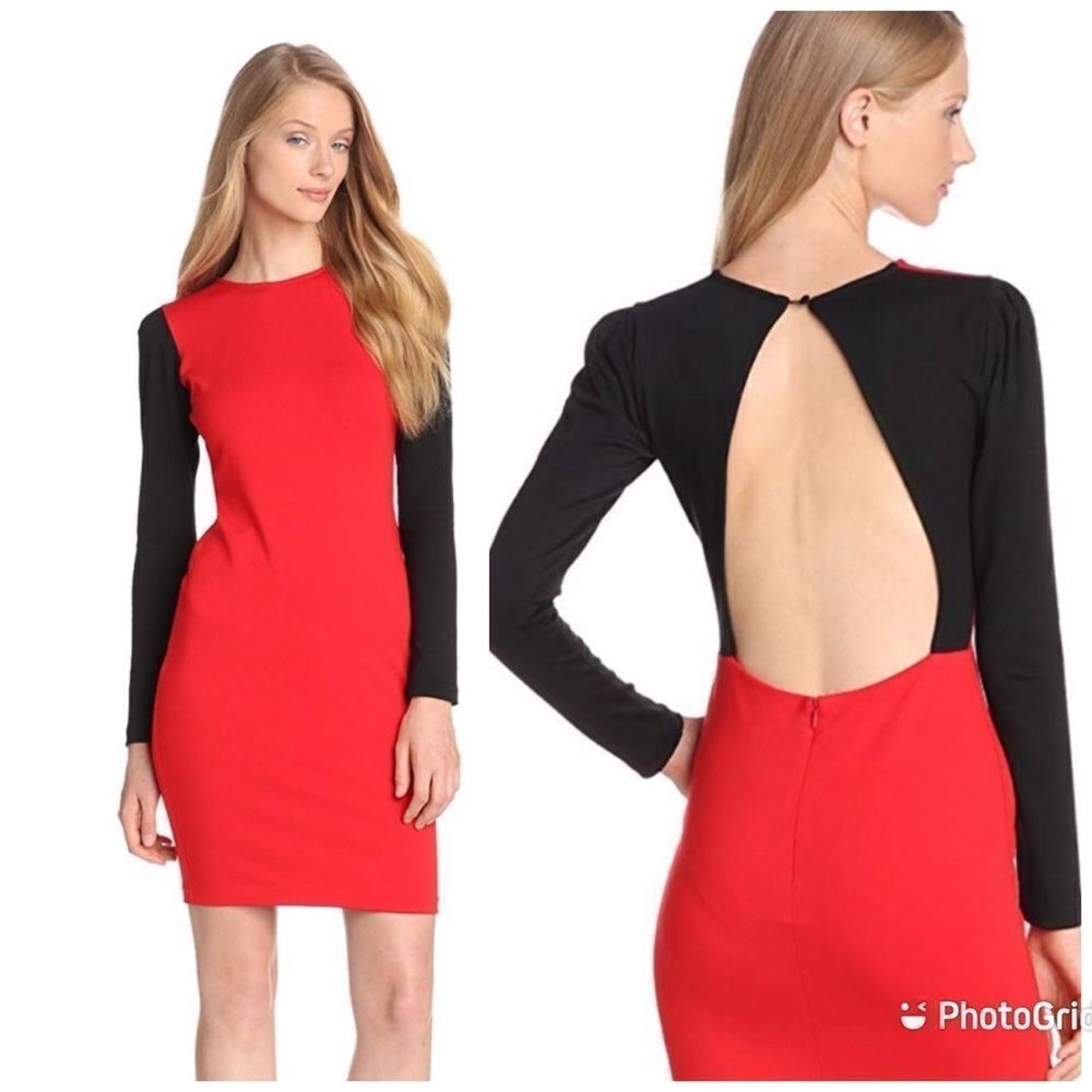 Long Sleeve Backless Colorblock Dress Size 2 Red Black Fitted‎ Cocktail Party